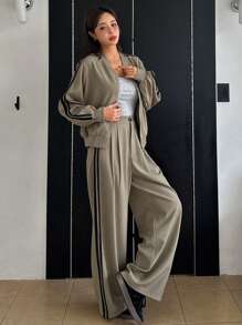 DAZY 2pcs Women Contrast Color Strap Jacket & Wide Leg Pants Set,Fall Clothes