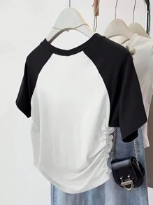SHEIN New Style Slimming Color Blocking Pleated Insert Sleeve Short Sleeve Women T-Shirt Graphic Tees Women Tops