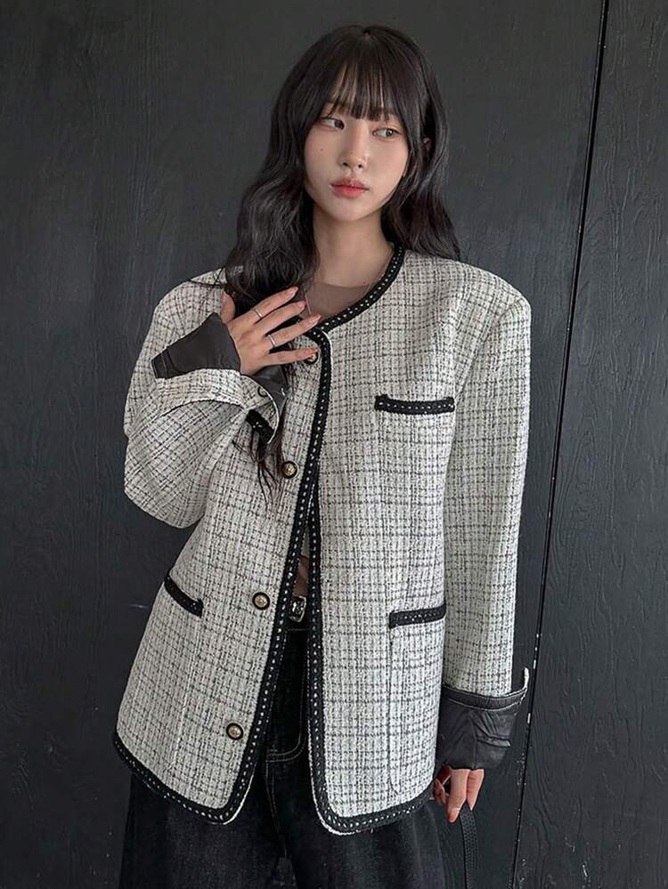 Women Casual Elegant Round Neck Loose Front Button Jacket, Autumn,Fall Women Clothes Plaid Women Coats
