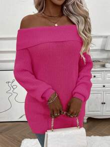 Chiquease 女士纯色露肩长袖宽松休闲毛衣，秋冬 - 玫紅色 - 查看 6