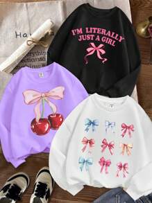 SHEIN Leap Crew 3pcs/Set Tween Girl Casual Minimalist Thermal Lined Crew Neck Loose Fit Sweatshirts, Suitable For Autumn/Winter - Multicolor - View 1