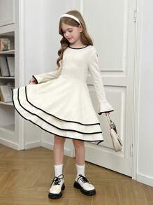 SHEIN Tween Girls 优雅拼布对比黑色滚边饰边分层下摆喇叭长袖连衣裙，秋冬连衣裙，适合秋冬季休闲日常穿着和学校日常穿着，返校 - 杏色 - 查看 3