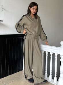 DAZY 2pcs Women Contrast Color Strap Jacket & Wide Leg Pants Set,Fall Clothes