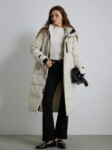 Aveloria Modichic Long Over-The-Knee Hooded Women's Padded Padded Coat With Contrasting Cuffs And Hood Design, White, Slim Fit, Autumn/Winter Clothes 