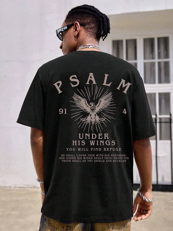 Manfinity Dauomo Camiseta con gráfico del Salmo 91 cristiano, Estampado vintage de fe, Hombres Independiente Patrón de Águila Camisa Cristiana Jesus, Regalo Cristiano