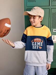SHEIN Sudadera con cuello redondo de manga larga y costilla para niños preadolescentes, con estampado de secciones, forrada térmicamente, ropa deportiva cálida para exteriores - Multicolor - Ver 6