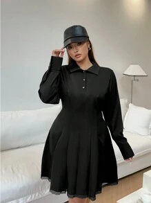 Flirla فستان ضيق الخصر أكمام طويلة بتصميم إسلوب المدرسة الفرنسية للمرأة البدينة