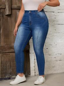 SHEIN LUNE Plus Size Color Block Skinny Pockets Casualowe jeansy na każdy mecz