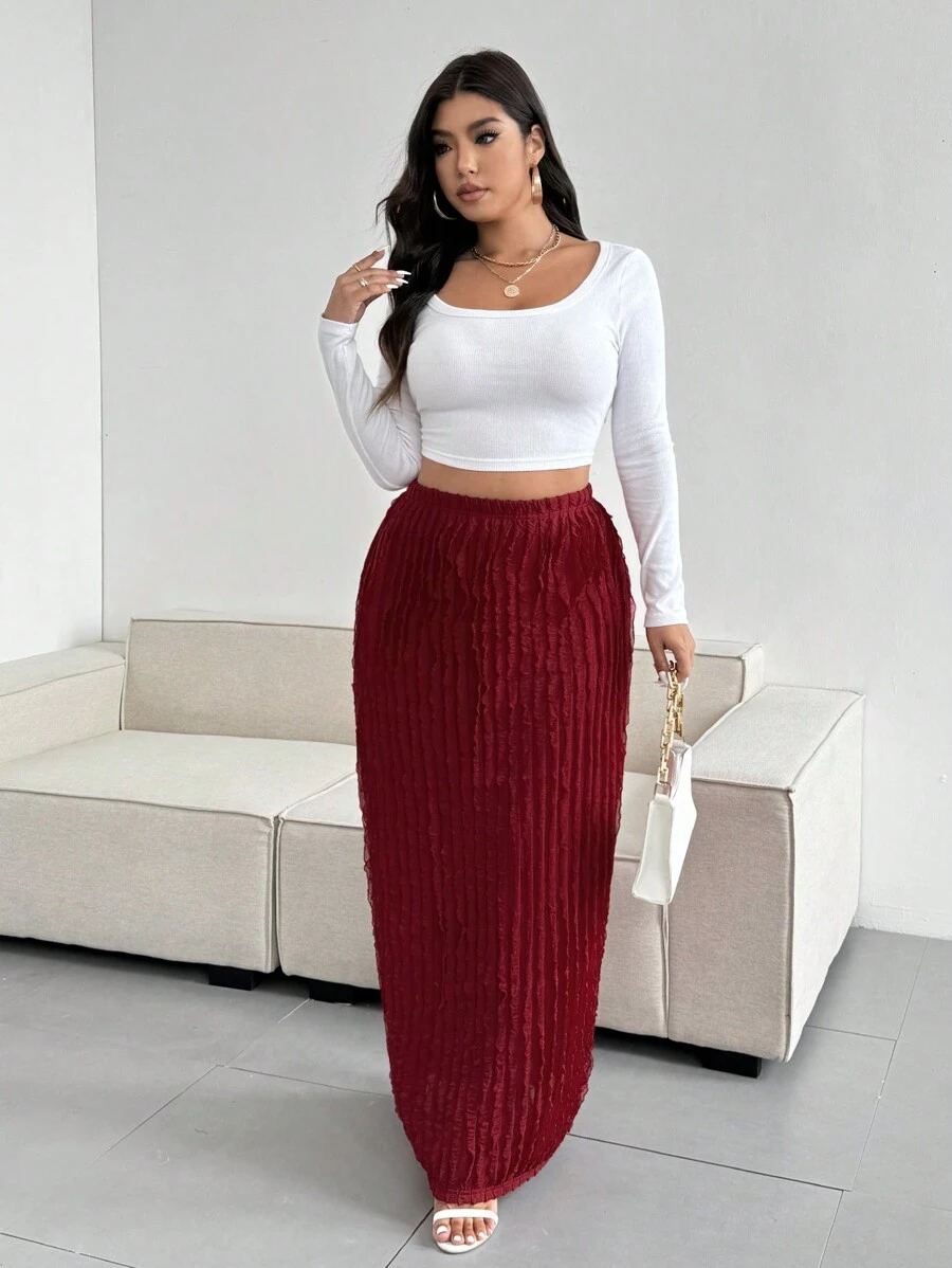 SHEIN Unity 大码纯色褶皱松紧腰裙，适合新年服装 - 紅色 - 查看 1