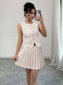 Elenzga 1 Set Solid Front Button Round Neck Sleeveless Top And Pleated Skirt Elegant Outfits - Multicolor - View 6