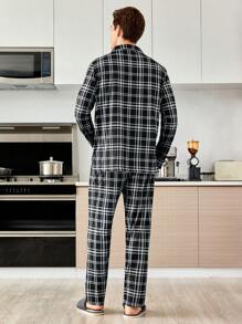 男士两件套前扣长袖格子简约上衣和长裤睡衣套装，秋冬服装 - 黑與白 - 查看 2