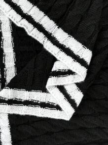 SHEIN LUNE Women Casual Loose Colorblock Ribbed Drawstring Knit Sweater, Round Neck Bell Sleeve Long Pullover Knit Pullover Fall Winter Outfit - Black - View 7