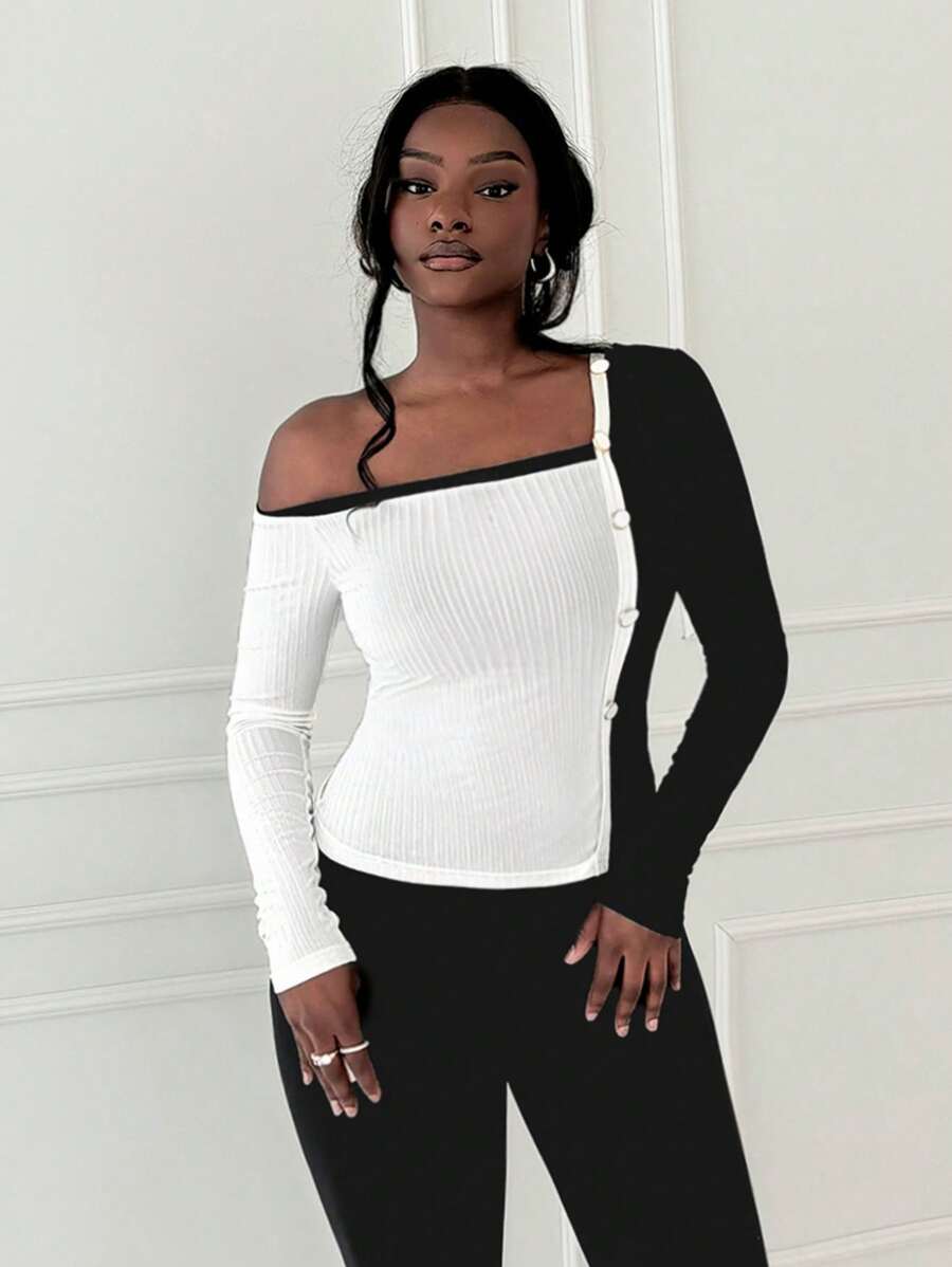 Zolique Autumn Fashion Color Block Splice Asymmetric Collar T-Shirt Fall Cloth For Women - Black and White - View 1