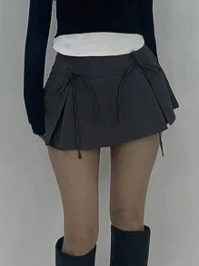 Strévra Women's Summer Fashion Bow Decor Pleated A-Line Skirt Y2k - Grey - View 4