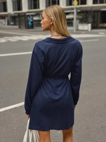 SHEIN Unity 1pc Women's Solid Color Zipper Drawstring Pockets Casual Long Sleeve Sports Dress - Navy Blue - View 2