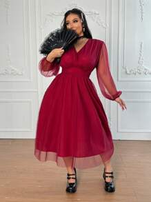 Celure Vestido romântico de tule transparente de cintura marcada, cor sólida, elegante e vintage, em Plus Size