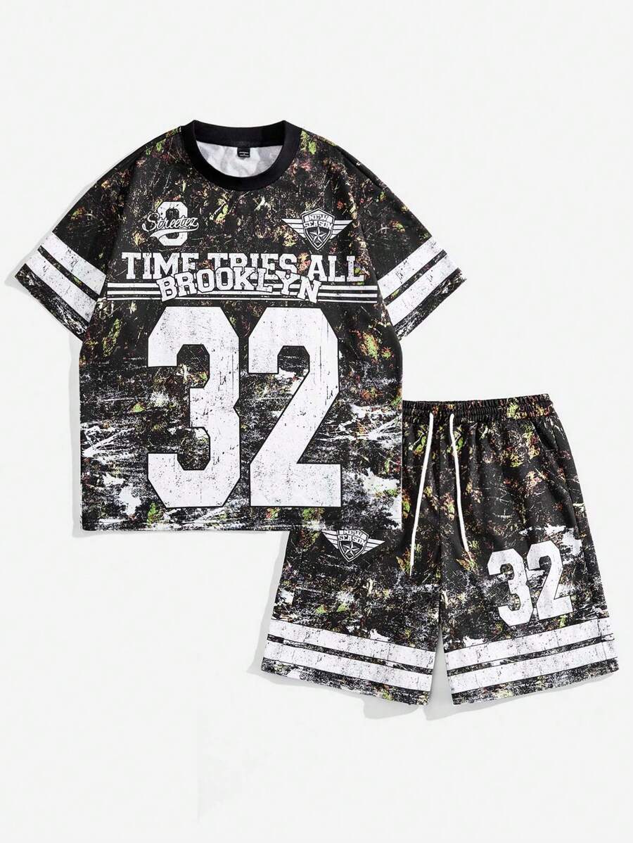 Manfinity VCAY Men Digital Print Loose Woven Short Sleeve T-Shirt Set - Army Green - View 1