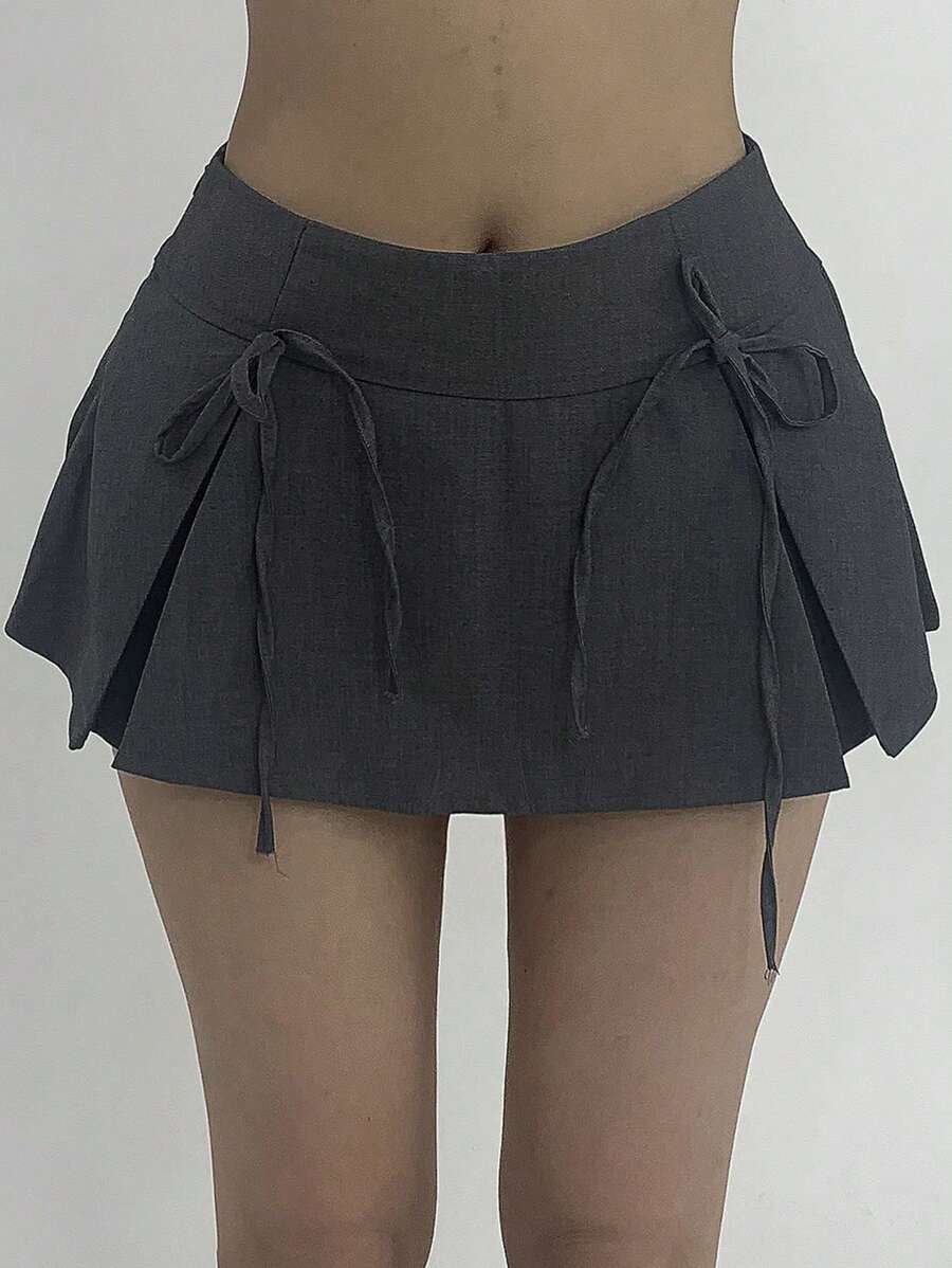 Strévra Women's Summer Fashion Bow Decor Pleated A-Line Skirt Y2k - Grey - View 1