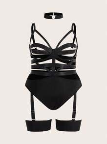 SHEIN Bộ đồ liền thân Teddy có dây buộc vòng Plus kèm vòng cổ có 1 cặp vòng chân - màu đen - Xem 6
