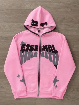 Manfinity Roghcode Felpa con cappuccio e chiusura lampo da uomo con stampa di stelle e lettere, con fodera termica, felpa con cappuccio e chiusura lampo, adatta per autunno e inverno, top a maniche lunghe