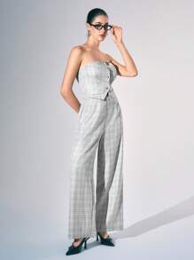 SHEIN Unity جمبسوت نسائية بطبعة مربعات مع أزرار أمامية، أنيقة وبدون أكمام، بطراز "العملة القديمة"، بذلات نسائية أنيقة