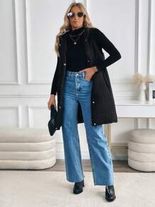 SHEIN Clasi 连帽无袖长款棉质背心，修身，侧拉链，中长，休闲，百搭，保暖，适合秋冬装 - 黑色 - 查看 4