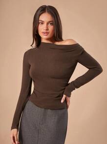 Forever 21 F21 Women's Solid Color Minimalist Elegant Daily Wear Long-Sleeved Slim-Fit T-Shirt