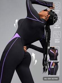 Innovista Damski sportowy kombinezon z długim rękawem i kolorowym blokiem kolorów, oddychający siateczkowy kombinezon z wycięciami i wysoką elastycznością Dry Fit, modelujący pośladki, modelujący sylwetkę, zapinany na zamek błyskawiczny, wielofunkcyjny strój do ćwiczeń, kombinezon fitness i ogrodniczki