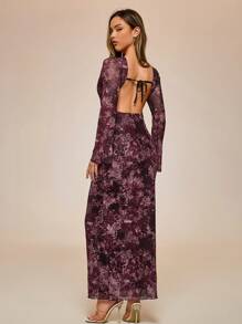Glamine 1 pieza Vestido con estampado floral elegante en todo el Body, mangas acampanadas, cintura con lazo y espalda descubierta, atuendo para fiesta de Navidad