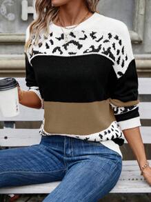 SHEIN LUNE Women Color Block Leopard Pattern Intarsia Knit Sweater, Casual For Autumn/Winter Knit Pullover Fall - Khaki - View 5