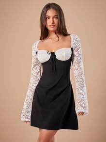 Forever 21 Women's Elegant Colorblock Lace Patchwork Mini Dress, For Autumn - Black and White - View 3