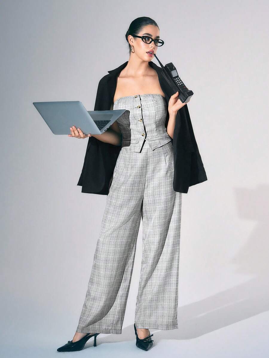 SHEIN Unity جمبسوت نسائية بطبعة مربعات مع أزرار أمامية، أنيقة وبدون أكمام، بطراز "العملة القديمة"، بذلات نسائية أنيقة