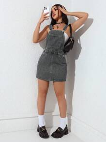 SHEIN EZwear Váy liền quần denim giản dị có túi cài nút dây rộng dành cho nữ - Xám - Xem 5