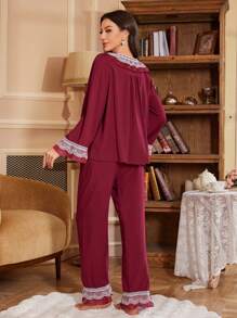 PalaceNights Conjunto de pijama para mujer con cárdigan de encaje con aplicaciones y pantalón largo con volantes
