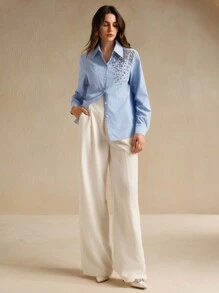 Anewsta Camicetta elegante da donna con strisce e decorata a mano con cristalli