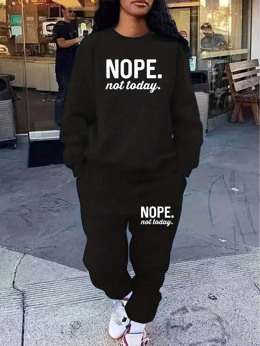 SHEIN Slayr 2 sztuki luźnych, sportowych, swobodnych spodni i bluzy z nadrukiem Nope Not Today, dla kobiet, jesień/zima - Czarne - Zobacz 1