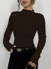 Chiquease 1pc Women Plain Stand Collar Long Sleeve Casual Top, Minimalist Style For Daily Wear - Brown - View 1