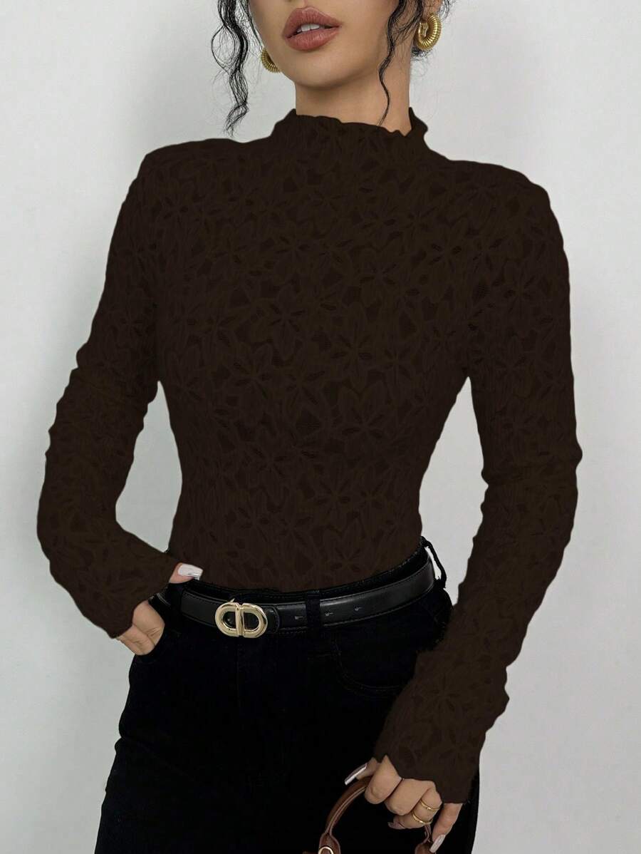 Chiquease 1pc Women Plain Stand Collar Long Sleeve Casual Top, Minimalist Style For Daily Wear - Brown - View 1