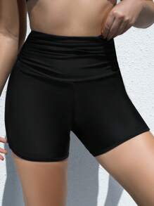 Swim SPRTY Women's Fashion Tight Waist Ruched High Waist Swim Shorts, Summer - Black - View 3