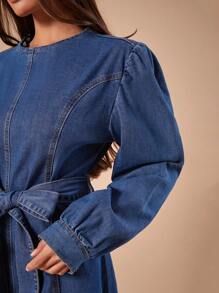 Forever 21 Fall&Winter Women Blue Washed/Bow/Belt/A Line/Holiday Dress/New Years Dress/Thanksgiving Dress/Christmas Dress/Vintage/Business Casual Women/Zip Up/Loose/Basic/Comfortable/Tall Women /Christmas Women Clothes/Essentials/Long Sleeves/Formal Women Dresses/New Year Eve/Thanksgiving/Holiday/Short/Mini Dress - Blue - View 7