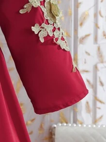 Tween Girl Embroidered V-Neck Long Sleeve Dress, Suitable For Gatherings - Burgundy - View 5