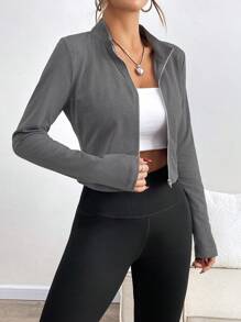 Chiquease Camiseta de manga larga con cuello alto, ajustada y acanalada con cremallera delantera para mujer, para otoño/invierno - Gris Oscuro - Ver 4