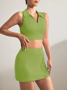 Easithlete Solid Color Slim Fit Cropped Tank & Skirt Shorts Sports Set