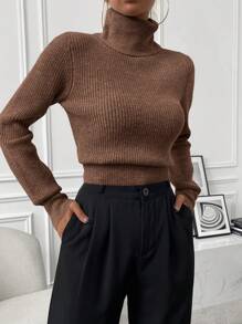 RosyDaze 女士高领长袖简约套头毛衣，日常休闲针织衫，秋冬季款 - 棕色 - 查看 8
