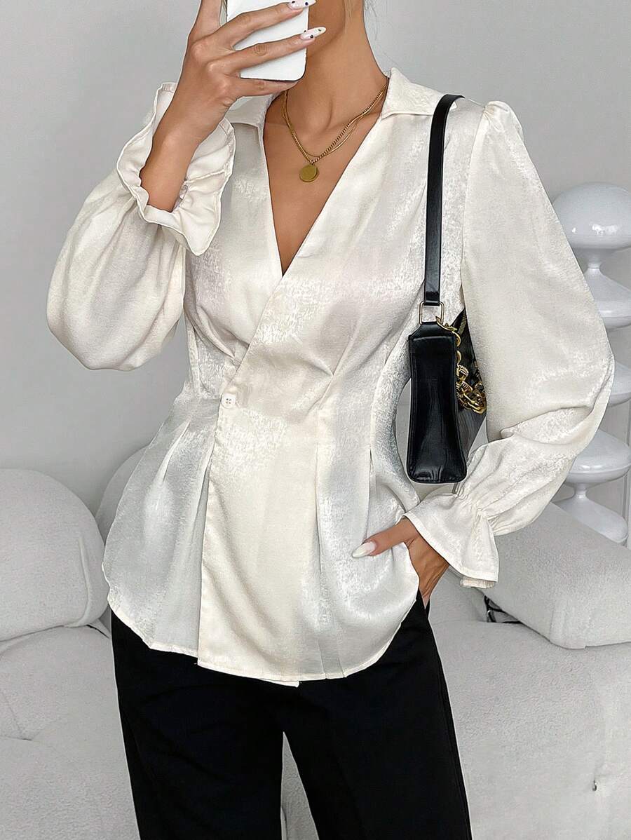 SHEIN Unity 女式正面纽扣纯色长袖衬衫,休闲日常穿着荷叶边上衣 - 米色 - 查看 1