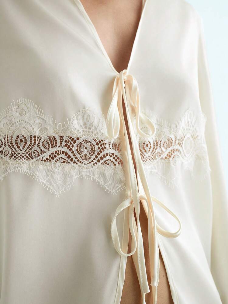 SHEIN Maija Nouvelle chemise tressée élégante et décontractée à lacets pour femmes, couleur abricot et champagne, convenant aux occasions quotidiennes, festives et formelles, pour l'automne/hiver