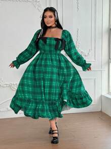 Lyrianda Vestido midi de manga abullonada, tipo fluido, con lazo a la cintura y estampado de cuadros verdes para mujer de talla grande