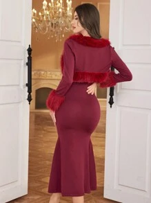 Modelyn 2pcs Women's Waist Fitted Mermaid Hem Fluffy Collar Sweater Set 2 Pieces Set - Red Violet - View 2