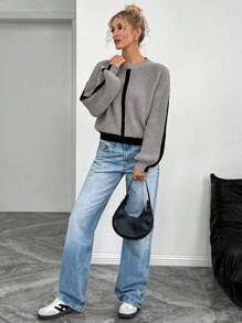 SHEIN LUNE Women Casual Color Block Round Neck Drop Shoulder Long Sleeve Knitted Loose Pullover Sweater, Fashionable Versatile For Autumn/Winter Fall - Grey - View 4