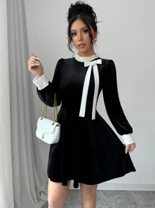 Elenzga Váy nhung cổ điển Pháp thu/đông mới cho nữ, thiết kế cổ đính hạt, tay bồng, váy trang trọng thanh lịch cao cấp - màu đen - Xem 4